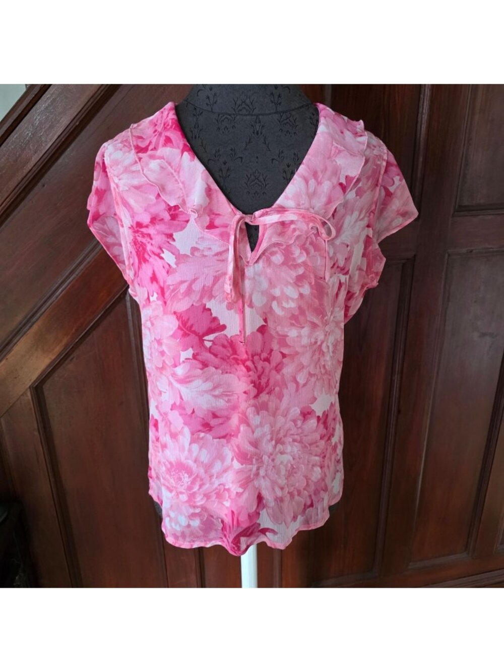 Haver & Blair Pink Floral Sheer Ruffle Blouse With Tie Neckline Womens Size S